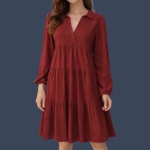 UMGEE Solid Fuscia Linen Blend Tiered Long Poet Sleeve Peasant V-neck Dress